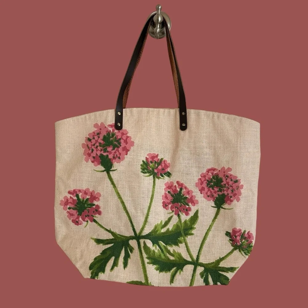 Large Jute Floral Tote Bag Shoulder Carry all Leather Handles‎ Reusable Travel